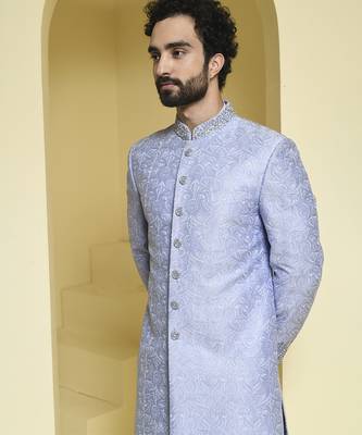 Blue embroidered silk sherwani set 3