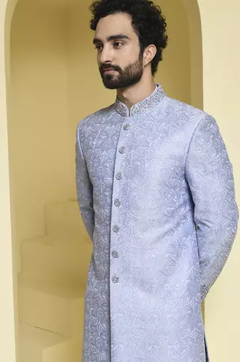 Blue embroidered silk sherwani set