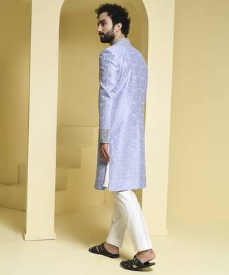 Blue embroidered silk sherwani set 4