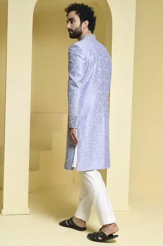 Blue embroidered silk sherwani set