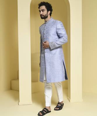 Blue embroidered silk sherwani set 5