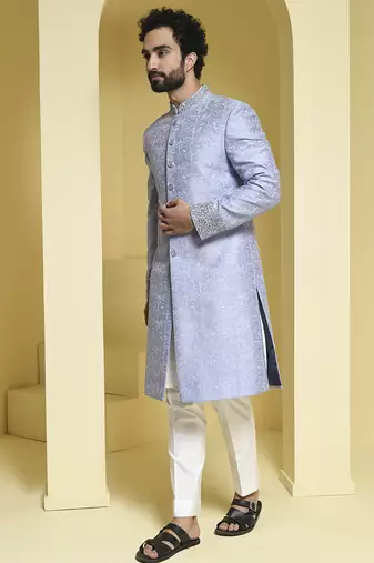 Blue embroidered silk sherwani set