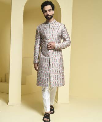 Silver embroidered cotton silk sherwani set 1