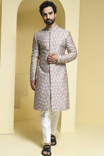 Silver embroidered cotton silk sherwani set