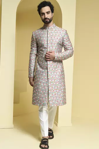 Silver embroidered cotton silk sherwani set