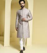Silver embroidered cotton silk sherwani set