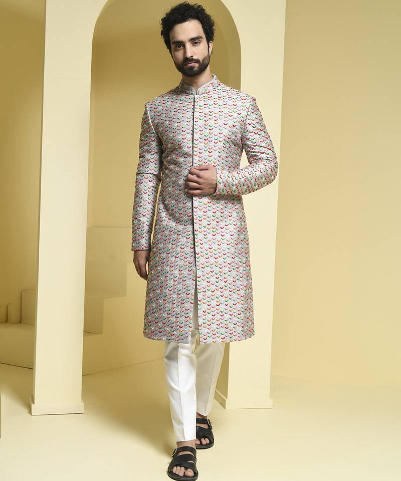 Silver embroidered cotton silk sherwani set