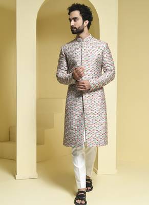 Silver embroidered cotton silk sherwani set 2