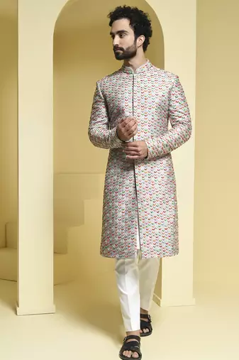 Silver embroidered cotton silk sherwani set