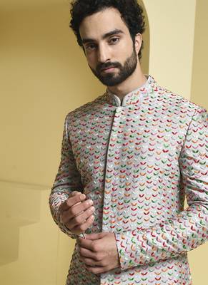 Silver embroidered cotton silk sherwani set 3