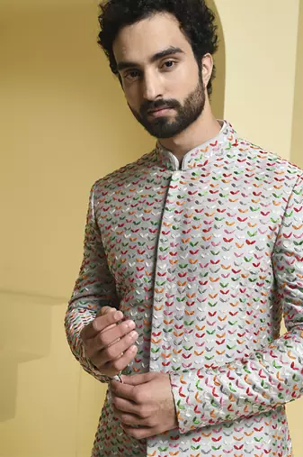 Silver embroidered cotton silk sherwani set