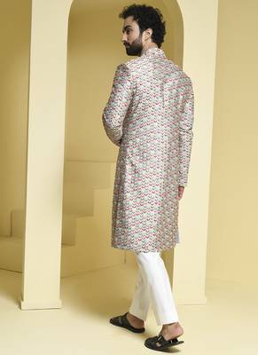 Silver embroidered cotton silk sherwani set 4