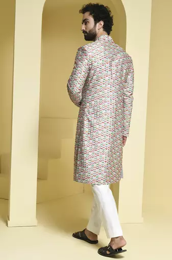 Silver embroidered cotton silk sherwani set
