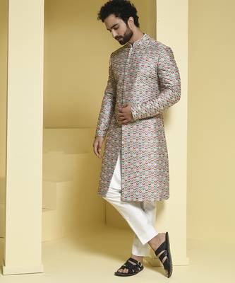 Silver embroidered cotton silk sherwani set 5