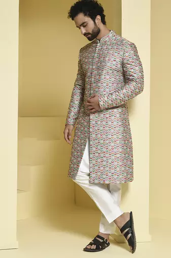 Silver embroidered cotton silk sherwani set