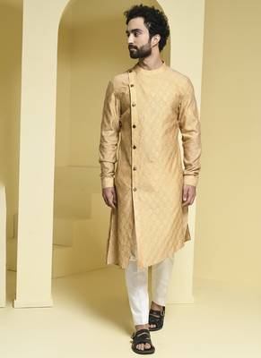 Beige plain cotton silk kurta pajama 1