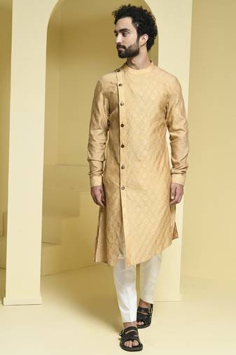Beige plain cotton silk kurta pajama