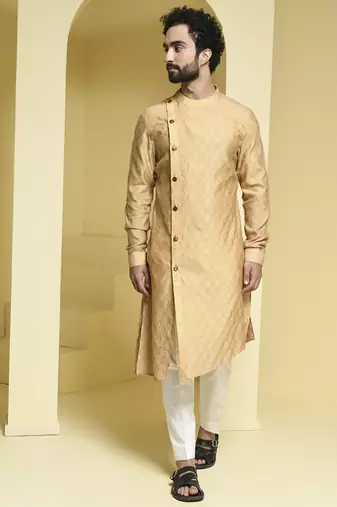Beige plain cotton silk kurta pajama
