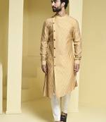 Beige plain cotton silk kurta pajama
