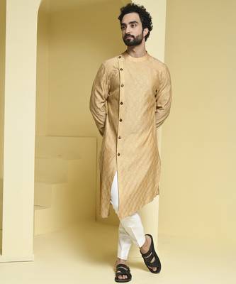 Beige plain cotton silk kurta pajama 2