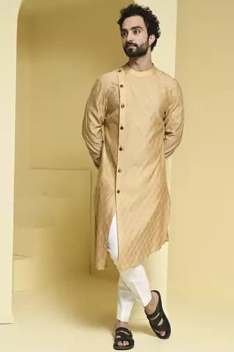 Beige plain cotton silk kurta pajama