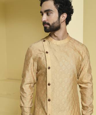 Beige plain cotton silk kurta pajama 3
