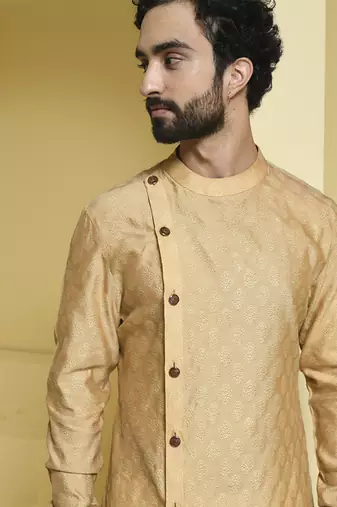 Beige plain cotton silk kurta pajama