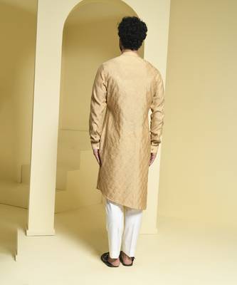 Beige plain cotton silk kurta pajama 4
