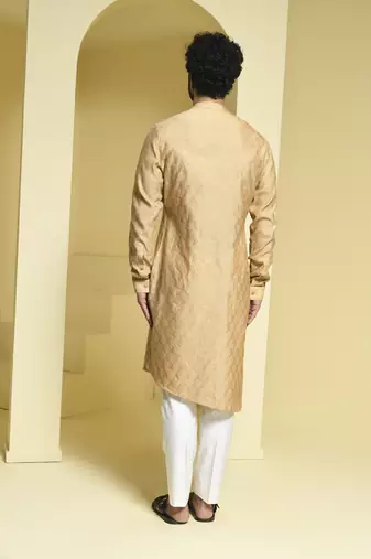 Beige plain cotton silk kurta pajama