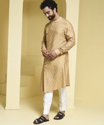Beige plain cotton silk kurta pajama 5