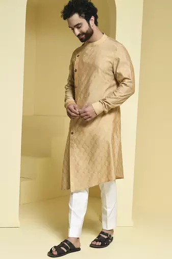 Beige plain cotton silk kurta pajama