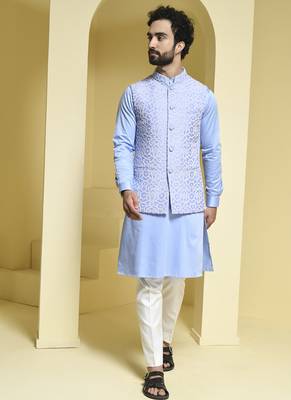 Blue embroidered cotton silk nehru jacket set 1