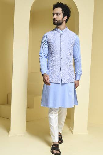 Blue embroidered cotton silk nehru jacket set
