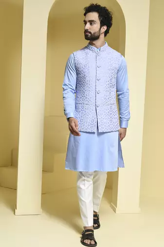Blue embroidered cotton silk nehru jacket set