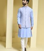 Blue embroidered cotton silk nehru jacket set