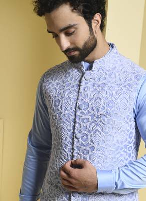 Blue embroidered cotton silk nehru jacket set 2