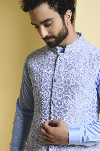 Blue embroidered cotton silk nehru jacket set