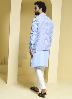 Blue embroidered cotton silk nehru jacket set 3