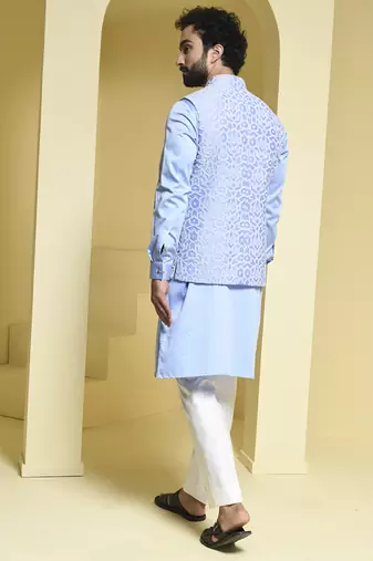 Blue embroidered cotton silk nehru jacket set