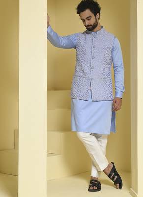 Blue embroidered cotton silk nehru jacket set 4