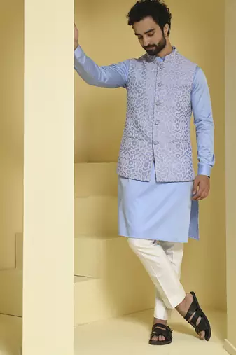 Blue embroidered cotton silk nehru jacket set