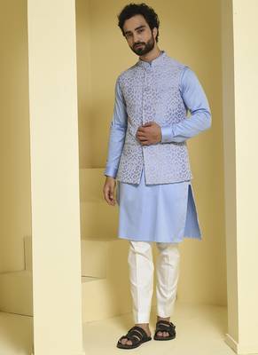 Blue embroidered cotton silk nehru jacket set 5