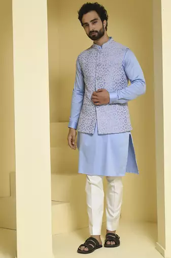 Blue embroidered cotton silk nehru jacket set