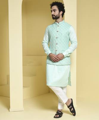 Blue embroidered cotton silk nehru jacket set 1