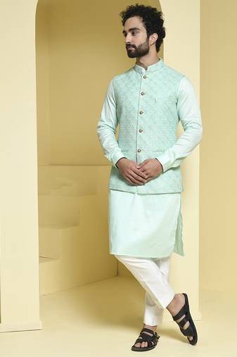 Blue embroidered cotton silk nehru jacket set