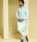 Blue embroidered cotton silk nehru jacket set