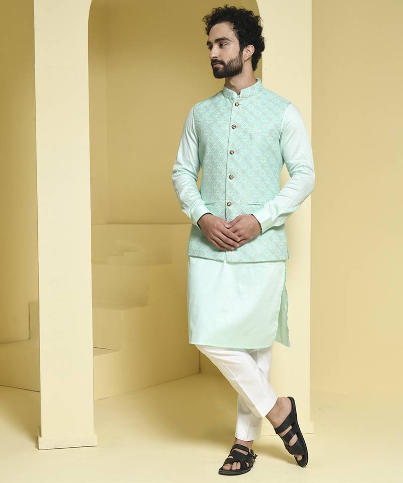 Blue embroidered cotton silk nehru jacket set