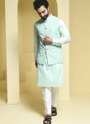 Blue embroidered cotton silk nehru jacket set 2
