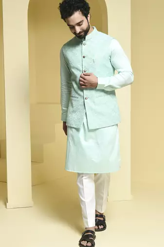 Blue embroidered cotton silk nehru jacket set