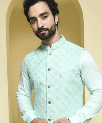 Blue embroidered cotton silk nehru jacket set 3